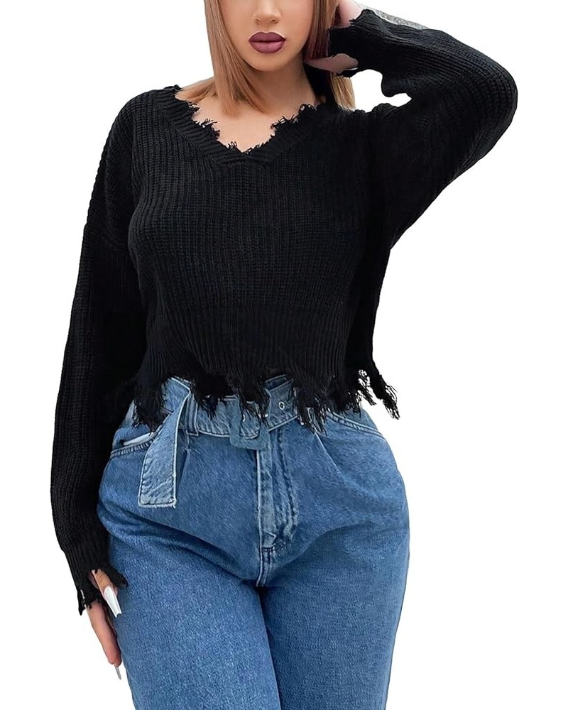 Women's Ripped V Neck Frayed Hem Long Sleeve Distressed Cropped Sweater Pullover Black $21.65 Sweaters