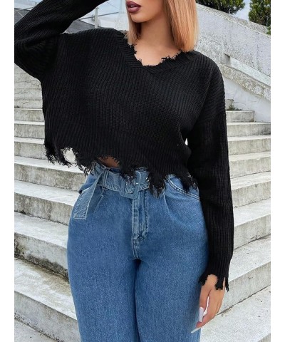 Women's Ripped V Neck Frayed Hem Long Sleeve Distressed Cropped Sweater Pullover Black $21.65 Sweaters