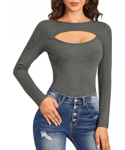 Women's Sexy Cut Out Long Sleeve Keyhole Tops Dark Grey $11.00 Blouses