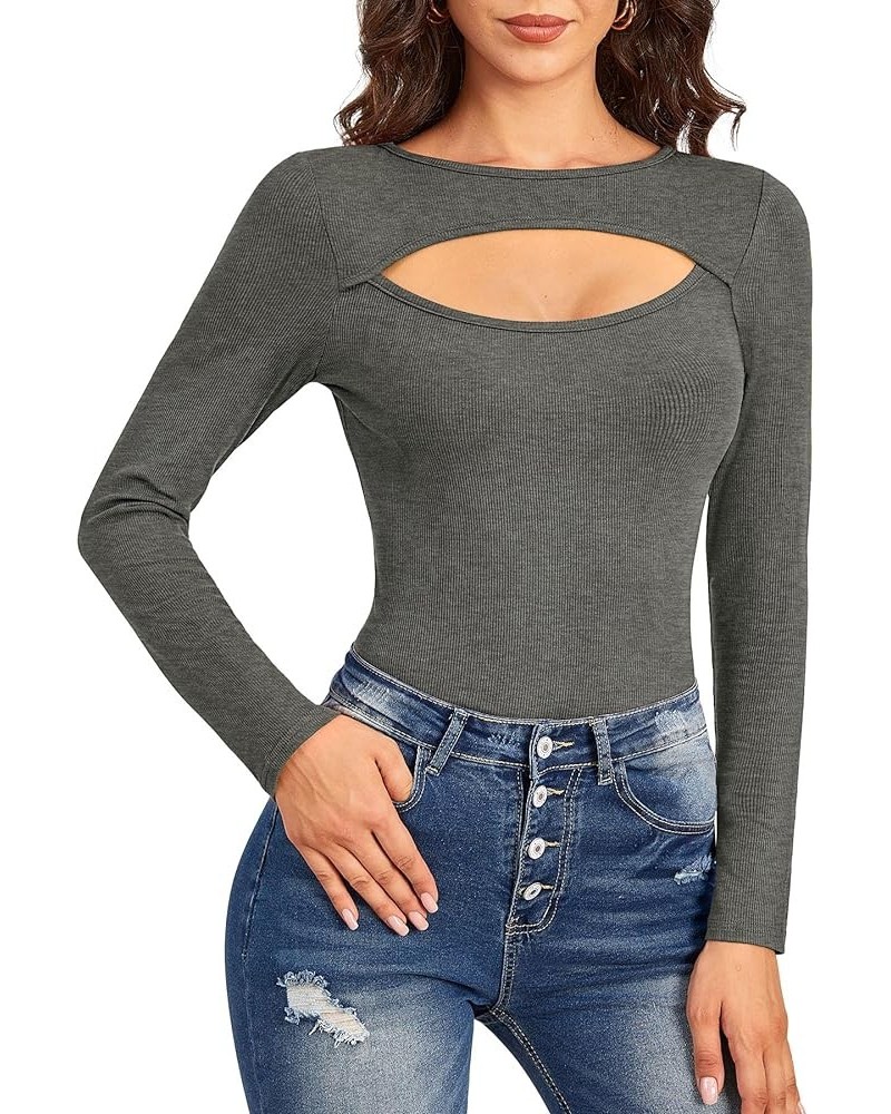 Women's Sexy Cut Out Long Sleeve Keyhole Tops Dark Grey $11.00 Blouses