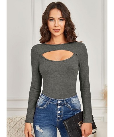 Women's Sexy Cut Out Long Sleeve Keyhole Tops Dark Grey $11.00 Blouses