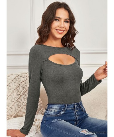 Women's Sexy Cut Out Long Sleeve Keyhole Tops Dark Grey $11.00 Blouses