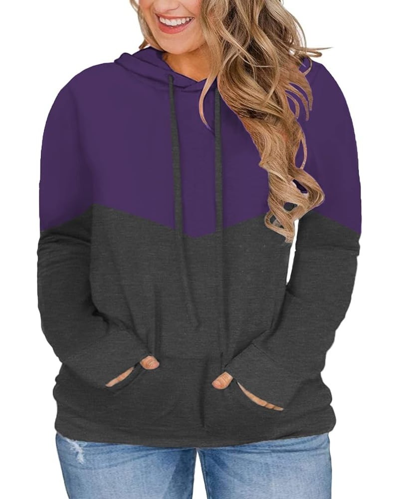 Plus-Size Hoodies for Women Color Block Pullover Sweatshirts 005_purple_with Pocket $13.99 Hoodies & Sweatshirts