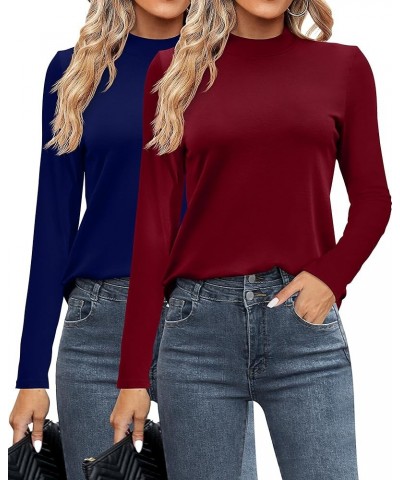 2 Pack Women's Mock Neck Shirts, Long Sleeve Turtleneck Tops Casual Comfy T Shirts Stretch Fitting Trendy Tee Navy Blue, Wine...