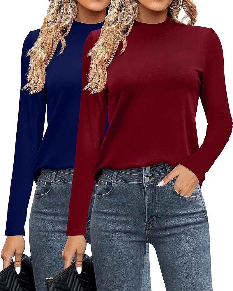 2 Pack Women's Mock Neck Shirts, Long Sleeve Turtleneck Tops Casual Comfy T Shirts Stretch Fitting Trendy Tee Navy Blue, Wine...