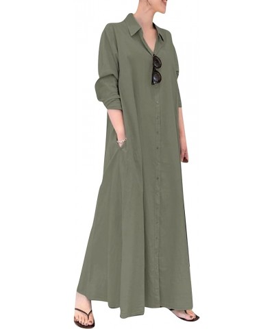 Women's Casual Button Down Cotton Linen Maxi Dress Long Sleeve Lapel Loose Plus Size Shirt Dresses with Pockets Solid Green $...