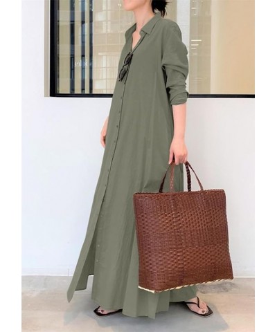 Women's Casual Button Down Cotton Linen Maxi Dress Long Sleeve Lapel Loose Plus Size Shirt Dresses with Pockets Solid Green $...