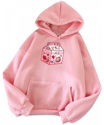 Cute Strawberry Milk Graphic Hoodies for Women Casual Drawstring Pullover Sweatshirt Teen Girls Long Sleeve Kawaii Hoody Tops...