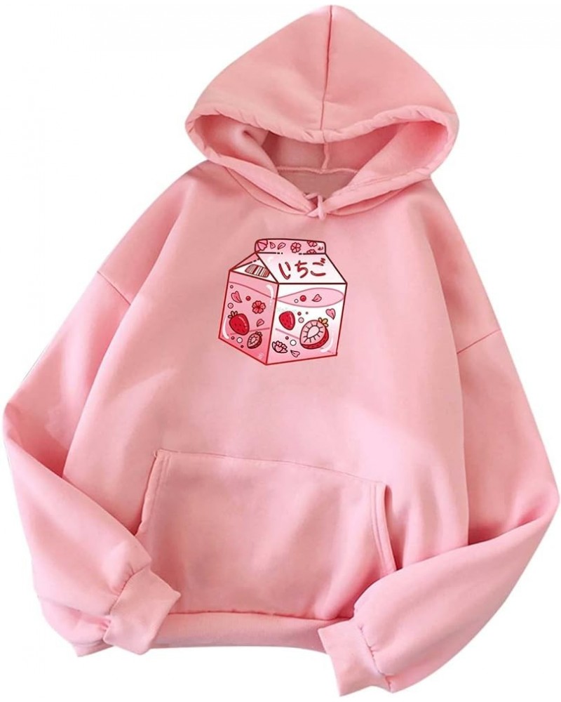 Cute Strawberry Milk Graphic Hoodies for Women Casual Drawstring Pullover Sweatshirt Teen Girls Long Sleeve Kawaii Hoody Tops...