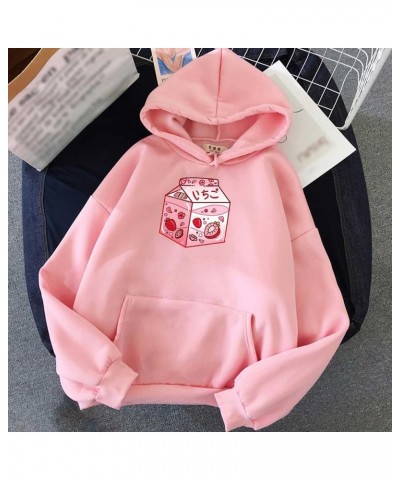 Cute Strawberry Milk Graphic Hoodies for Women Casual Drawstring Pullover Sweatshirt Teen Girls Long Sleeve Kawaii Hoody Tops...