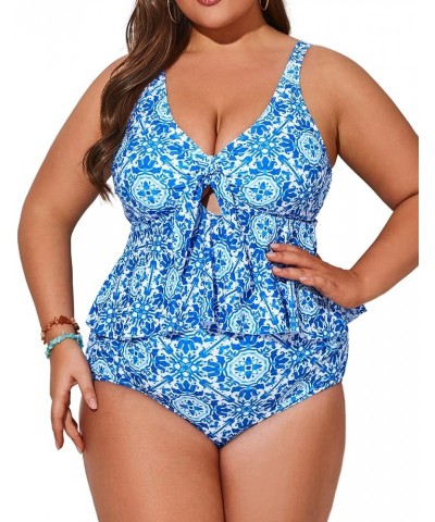 Women Plus Size 2 Piece V Neck Tie Tankini Swimsuit with Tummy Control Bikini Bottoms Bathing Suits Blue White Porcelain $20....