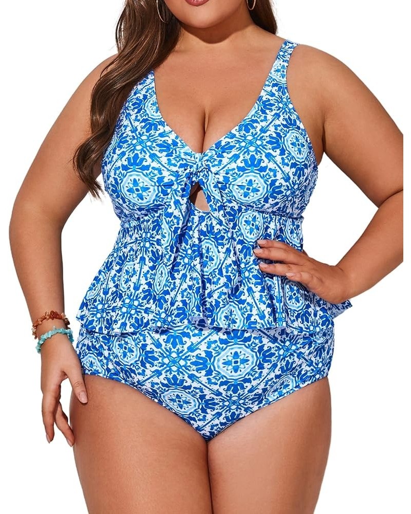 Women Plus Size 2 Piece V Neck Tie Tankini Swimsuit with Tummy Control Bikini Bottoms Bathing Suits Blue White Porcelain $20....