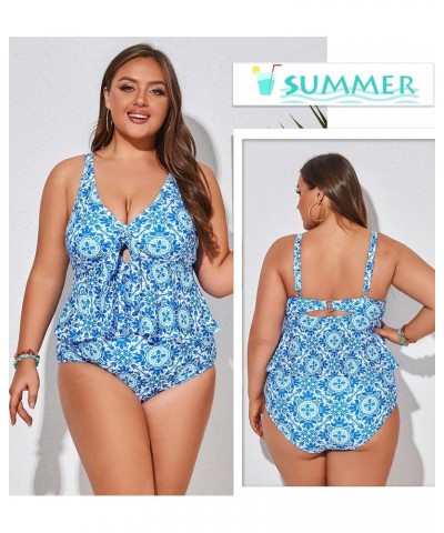 Women Plus Size 2 Piece V Neck Tie Tankini Swimsuit with Tummy Control Bikini Bottoms Bathing Suits Blue White Porcelain $20....