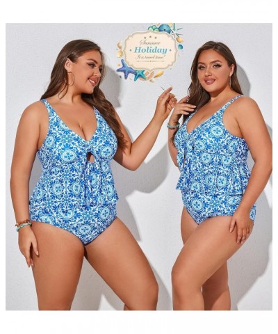 Women Plus Size 2 Piece V Neck Tie Tankini Swimsuit with Tummy Control Bikini Bottoms Bathing Suits Blue White Porcelain $20....