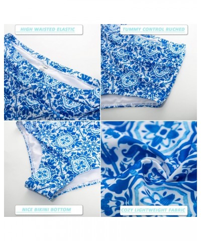 Women Plus Size 2 Piece V Neck Tie Tankini Swimsuit with Tummy Control Bikini Bottoms Bathing Suits Blue White Porcelain $20....