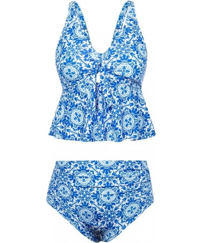 Women Plus Size 2 Piece V Neck Tie Tankini Swimsuit with Tummy Control Bikini Bottoms Bathing Suits Blue White Porcelain $20....