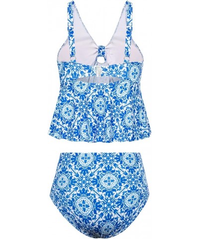 Women Plus Size 2 Piece V Neck Tie Tankini Swimsuit with Tummy Control Bikini Bottoms Bathing Suits Blue White Porcelain $20....