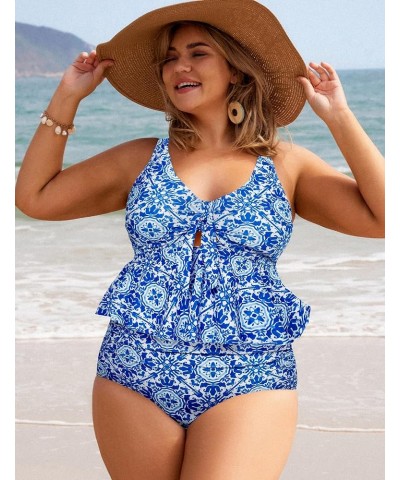 Women Plus Size 2 Piece V Neck Tie Tankini Swimsuit with Tummy Control Bikini Bottoms Bathing Suits Blue White Porcelain $20....