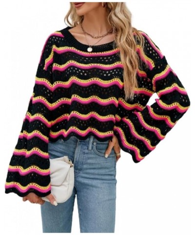 Women's Bell Sleeve Sweater Pullover Top Colorblock Crewneck Knit Crop Top Crochet Sweater Boho Hollow Out Cover Ups Black $1...