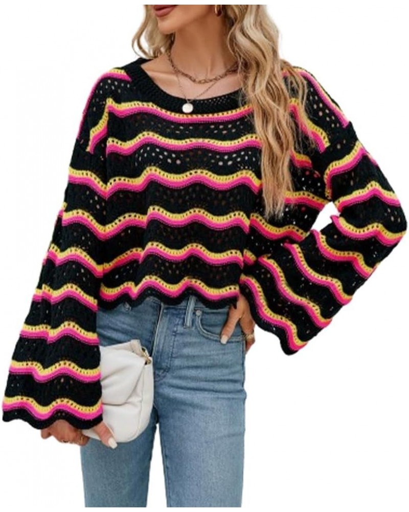 Women's Bell Sleeve Sweater Pullover Top Colorblock Crewneck Knit Crop Top Crochet Sweater Boho Hollow Out Cover Ups Black $1...