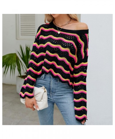 Women's Bell Sleeve Sweater Pullover Top Colorblock Crewneck Knit Crop Top Crochet Sweater Boho Hollow Out Cover Ups Black $1...