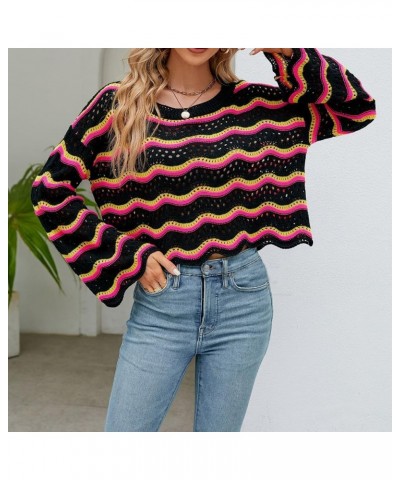 Women's Bell Sleeve Sweater Pullover Top Colorblock Crewneck Knit Crop Top Crochet Sweater Boho Hollow Out Cover Ups Black $1...