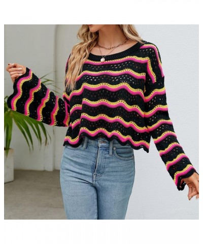 Women's Bell Sleeve Sweater Pullover Top Colorblock Crewneck Knit Crop Top Crochet Sweater Boho Hollow Out Cover Ups Black $1...