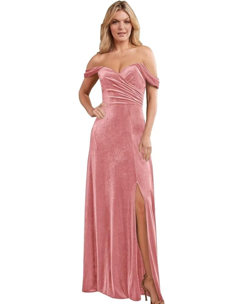 Pleated Velvet Bridesmaid Dress for Women Off Shoulder Maxi Long Formal Wedding Prom Gown Blush Pink $28.41 Dresses