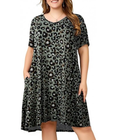 Women Plus Size Dresses Short Sleeve V Neck Casual T-Shirt Swing Tunic Dress with Pockets A- Leopard Green $14.57 Dresses