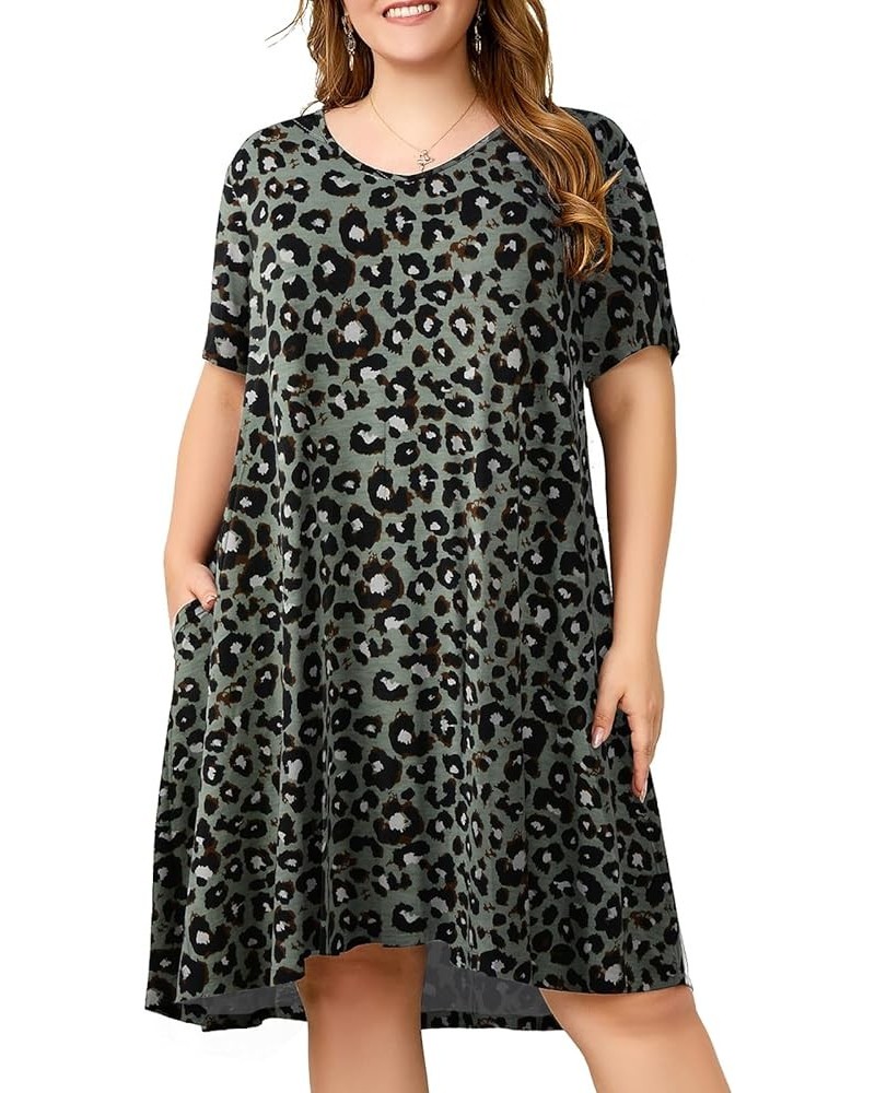 Women Plus Size Dresses Short Sleeve V Neck Casual T-Shirt Swing Tunic Dress with Pockets A- Leopard Green $14.57 Dresses