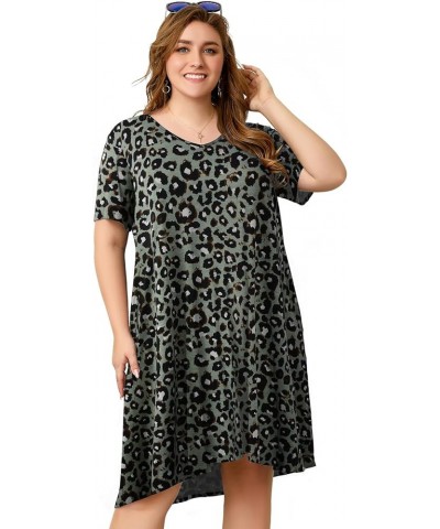 Women Plus Size Dresses Short Sleeve V Neck Casual T-Shirt Swing Tunic Dress with Pockets A- Leopard Green $14.57 Dresses