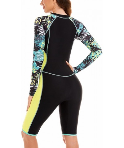 Boyleg Swimsuit Women One Piece Long Sleeve Padded Rash Guard Knee Length Athletic Modest Swimwear Floral 2 $20.21 Swimsuits