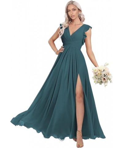 Women's Ruffles Bridesmaid Dresses with Slit Long V Neck Formal Party Dress with Pockets KO009 Teal $25.84 Dresses