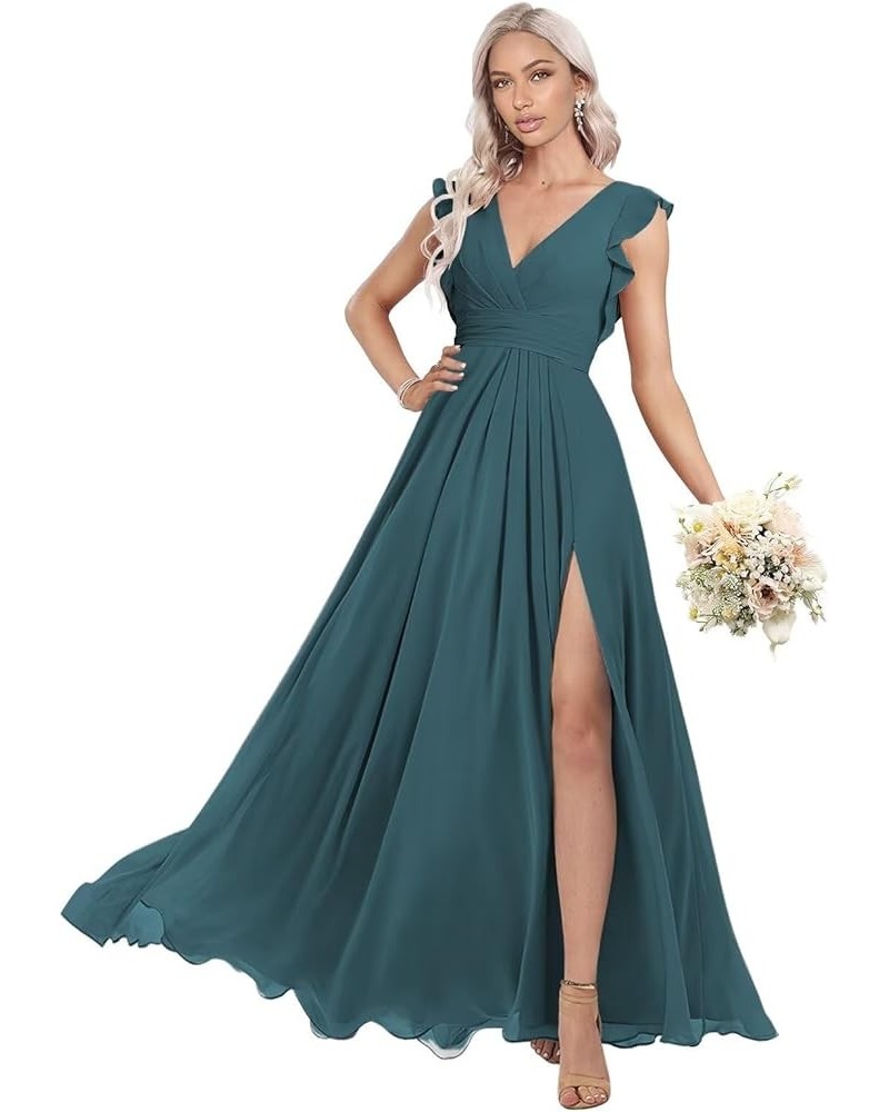 Women's Ruffles Bridesmaid Dresses with Slit Long V Neck Formal Party Dress with Pockets KO009 Teal $25.84 Dresses