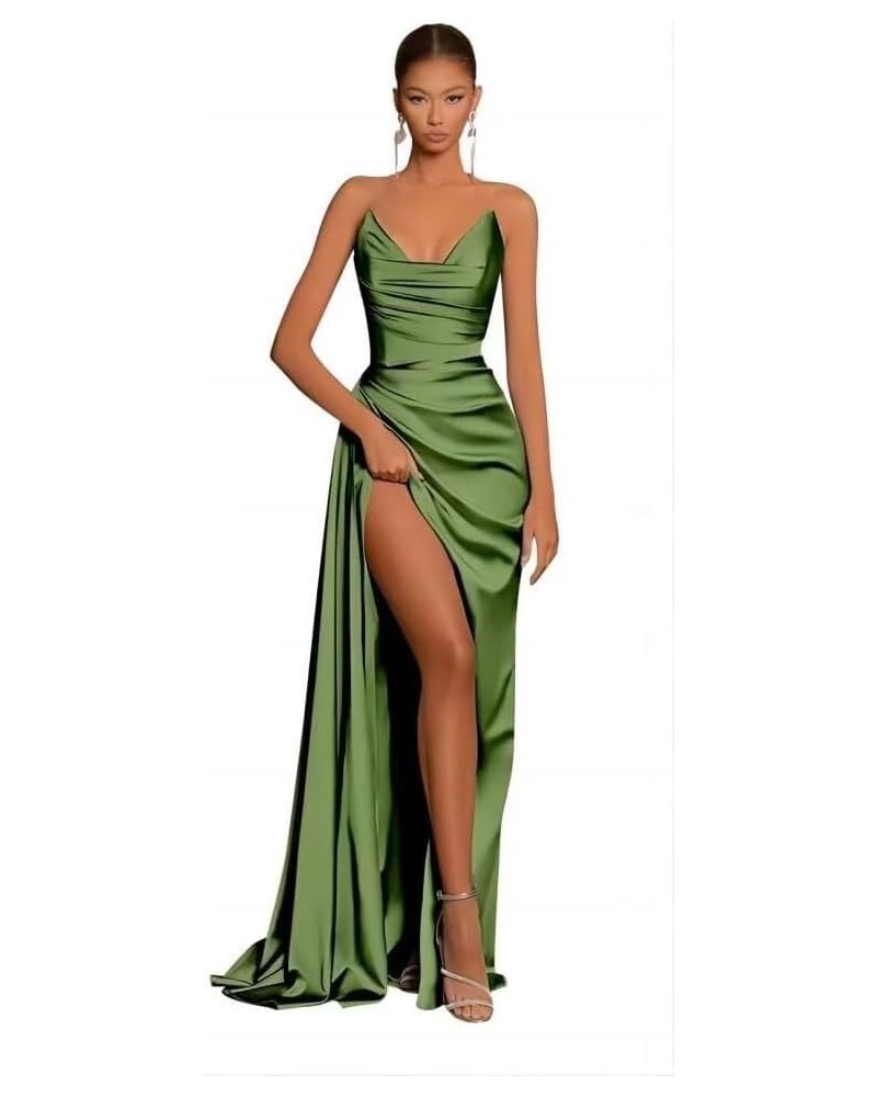 Satin Strapless V-Neck Long Prom Dress Tight Ruched Formal Party Dress Olive Green $26.40 Dresses