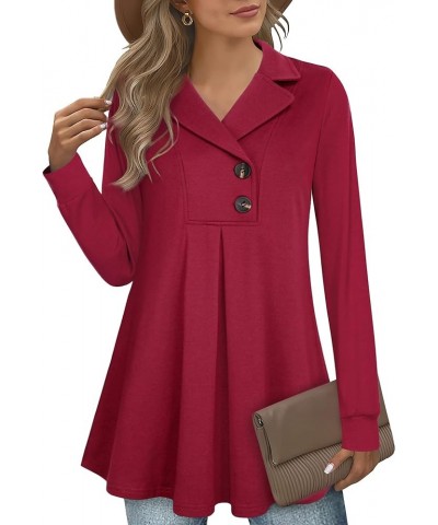 Women's Swing Tunic Notch Collar Ladies Button Sweatshirt Long Sleeve Pullover Shirt Tops Berry Red $17.86 Tops