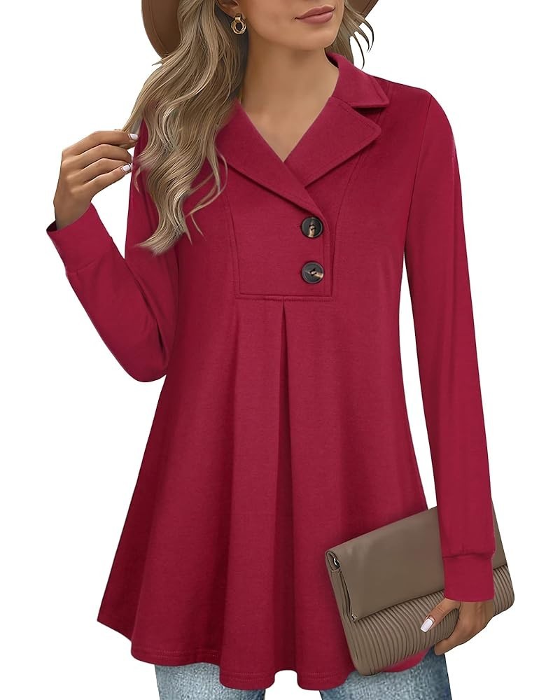 Women's Swing Tunic Notch Collar Ladies Button Sweatshirt Long Sleeve Pullover Shirt Tops Berry Red $17.86 Tops