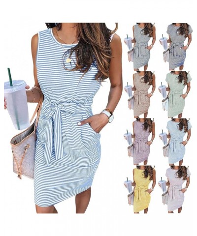 Dresses for Women Summer Striped Short Sleeve/Sleeveless T Shirt Dress Round Neck Tie Waist Mini Dress with Pockets A Dark Gr...