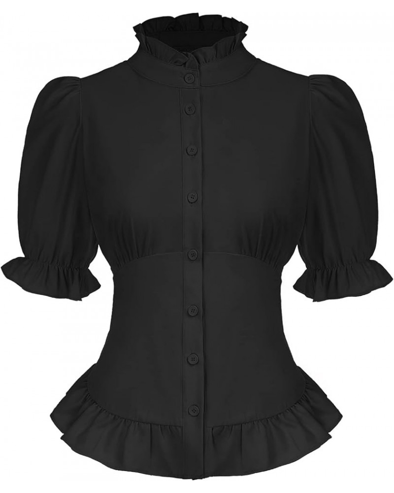 Womens Vintage Victorian Puff Sleeve Blouse Button Down Ruffle Dressy Shirts Tops Black $20.99 Blouses