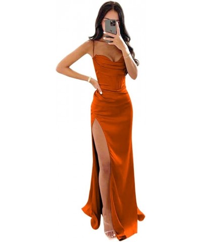 Spaghetti Straps Silk Satin Bridesmaid Dresses Long Formal Sexy High Split Prom Dresses for Women Evening Gown Burgnt Orange ...