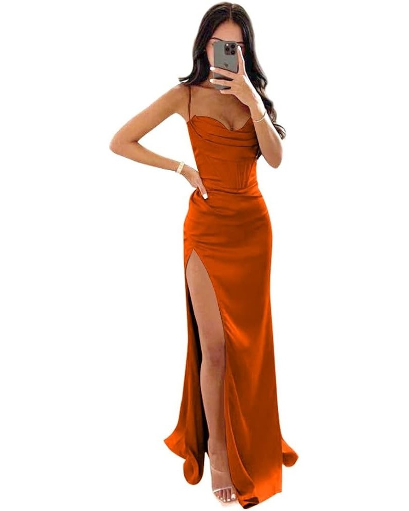 Spaghetti Straps Silk Satin Bridesmaid Dresses Long Formal Sexy High Split Prom Dresses for Women Evening Gown Burgnt Orange ...