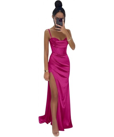 Women's Mermaid Satin Prom Dress with Slit Long Formal Dresses Pleated Evening Party Gown Hot Pink $26.91 Dresses