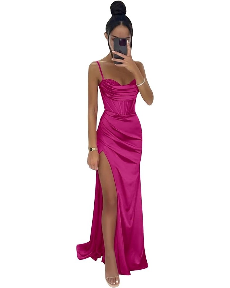 Women's Mermaid Satin Prom Dress with Slit Long Formal Dresses Pleated Evening Party Gown Hot Pink $26.91 Dresses