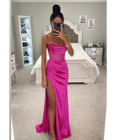 Women's Mermaid Satin Prom Dress with Slit Long Formal Dresses Pleated Evening Party Gown Hot Pink $26.91 Dresses