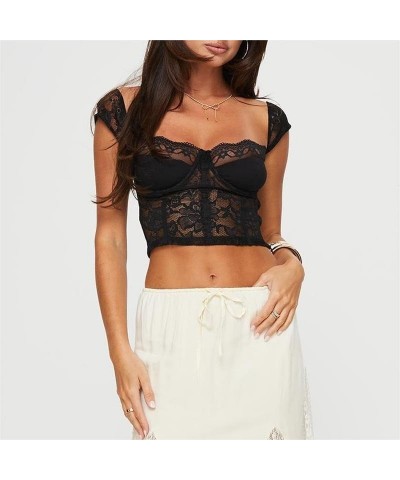 Women Short Sleeve Crop Top Y2k Floral Lace Backless Top Sheer Mesh See Through Top Going Out Streetwear Y1-black-y1 $6.83 T-...