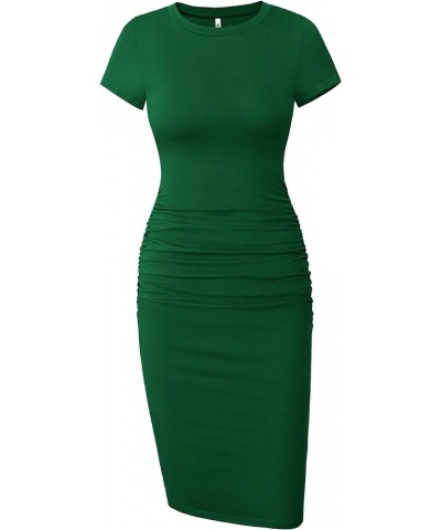 Women's Short Sleeve Ruched Cotton Casual Sundress Knee Length Bodycon T Shirt Dress Dark Green $18.54 Dresses