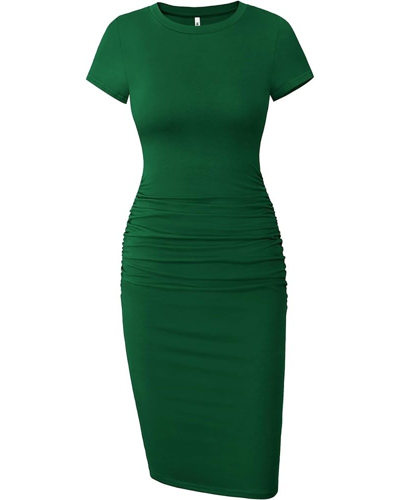 Women's Short Sleeve Ruched Cotton Casual Sundress Knee Length Bodycon T Shirt Dress Dark Green $18.54 Dresses