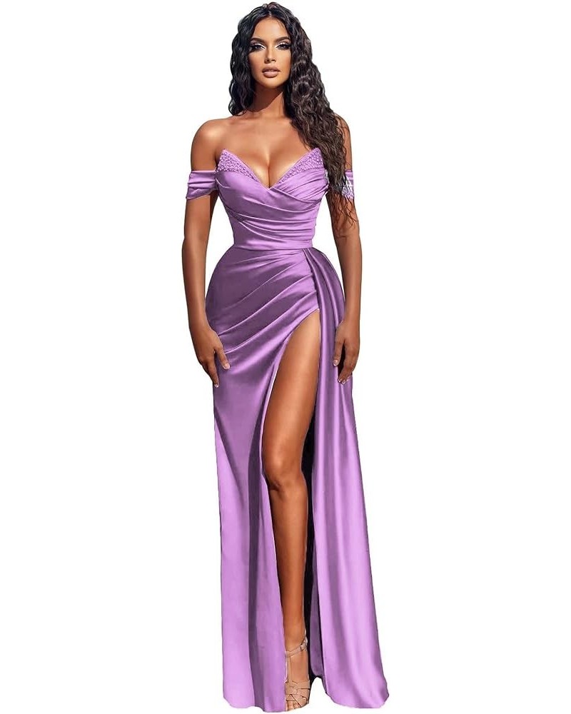 Women's Mermaid Prom Dresses Long Beaded Satin High Slit Off Shoulder Formal Evening Party Gowns Lavender $43.44 Dresses