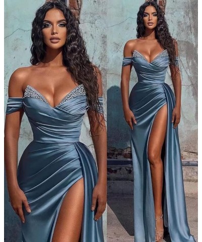 Women's Mermaid Prom Dresses Long Beaded Satin High Slit Off Shoulder Formal Evening Party Gowns Lavender $43.44 Dresses