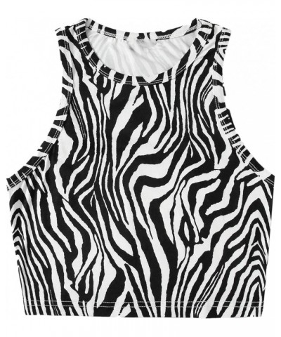 Women's Casual Crop Tank Top Zebra Print Crewneck Sleeveless Slim Fit Camisole Black and White $12.00 Tanks